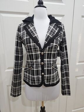 Rare Vintage Punk Goth Tripp NYC Black & White Plaid Snap Blazer Jacket Coat S